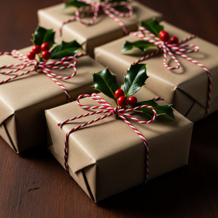 Christmas presents wrapped in craft paper with holly berries and red ribbonsの素材