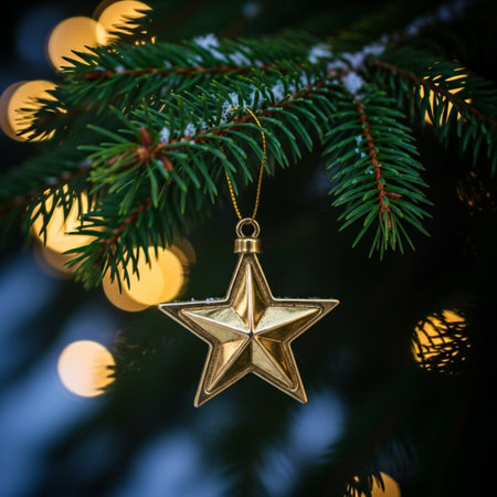 Christmas and New Year background. Decorated Christmas tree with golden starの素材