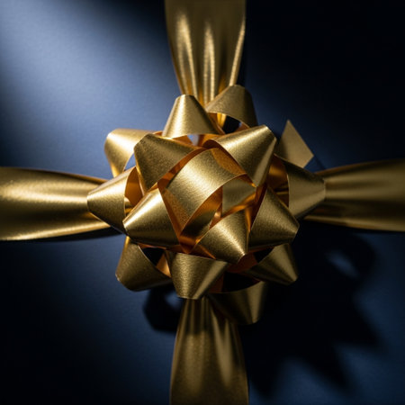 golden bow on a dark blue background, closeup of photoの素材