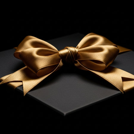Black gift box with gold bow on black background. Close up.の素材