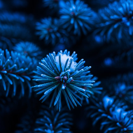 Blue spruce branch covered with hoarfrost close-up.の素材