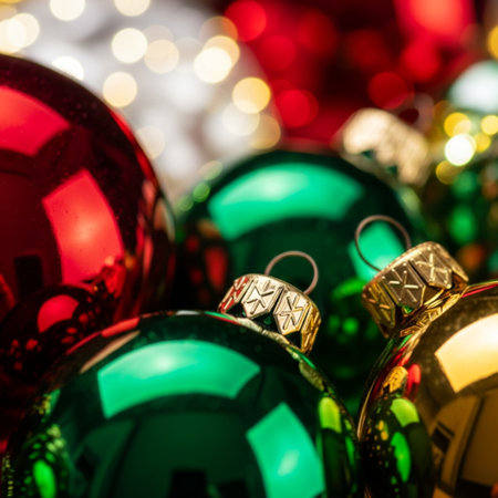 Colorful Christmas ornaments on a bokeh background.の素材