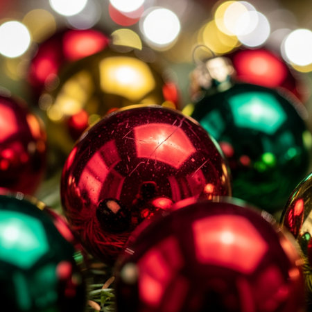 Christmas baubles with colorful lights in the background. Shallow depth of field.の素材