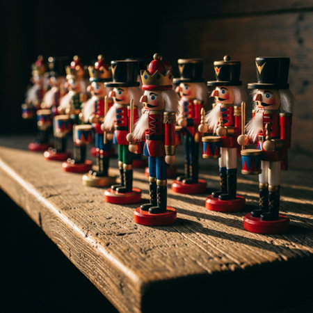 Wooden toy nutcracker on a wooden table. Selective focus.の素材