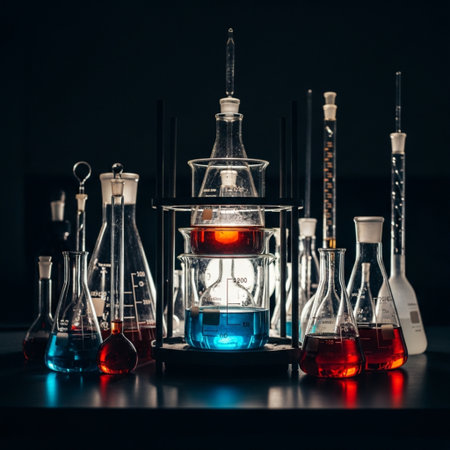 Laboratory glassware with colorful liquids on black background, science research conceptの素材