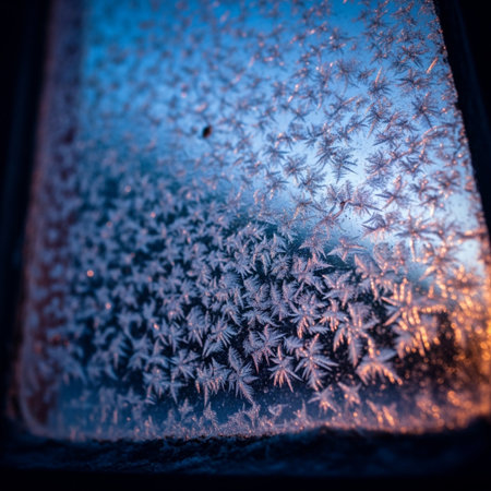 Frosty pattern on winter window glass. Abstract natural background.の素材