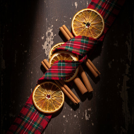 Cinnamon sticks and dried orange slices on rustic wooden background. Toned.の素材