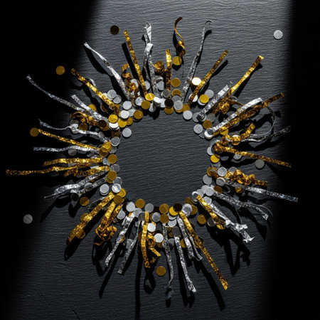 Christmas wreath of gold and silver confetti on a black backgroundの素材