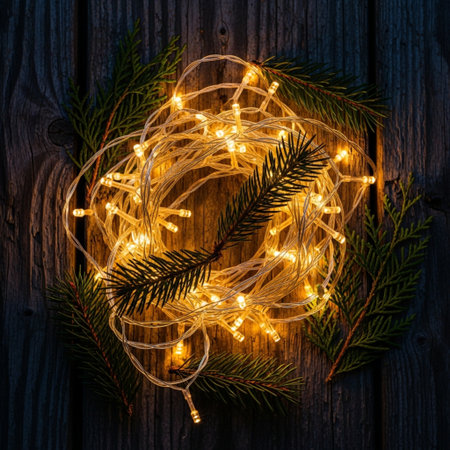 Christmas wreath with glowing garland on dark wooden background, top viewの素材