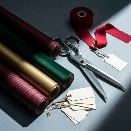 Set of wrapping paper, scissors and tapes on a gray background.の素材