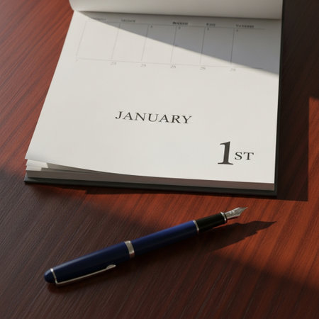 Calendar and pen on a desk with the word January 1stの素材