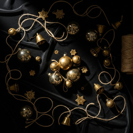 Christmas decorations on black silk background. Christmas or New Year concept.の素材