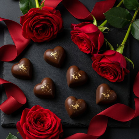 Valentine's day background with red roses and chocolate hearts on black stone plateの素材