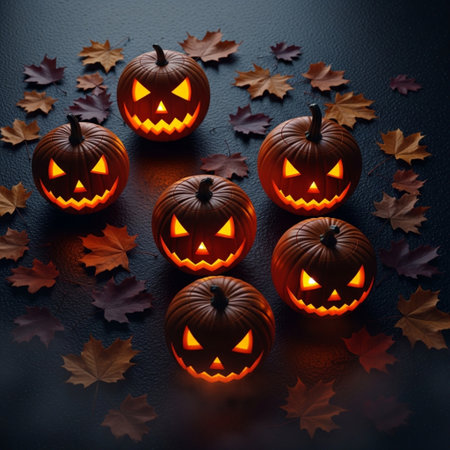Halloween pumpkins with autumn leaves on a black background. Halloween concept.の素材