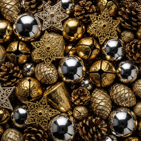 Christmas or New Year background with gold and silver decorative balls, cones and snowflakesの素材