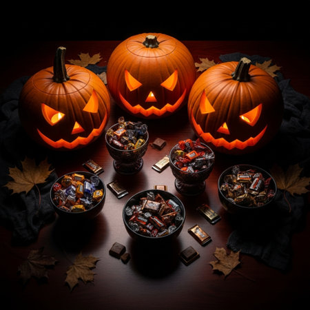 Halloween pumpkins with jack o lantern candies on dark backgroundの素材
