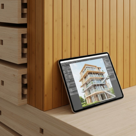 3d render of tablet computer with building site on screen over wooden backgroundの素材