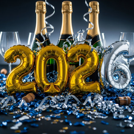 New Year's Eve celebration with champagne bottle and champagne glasses on black backgroundの素材