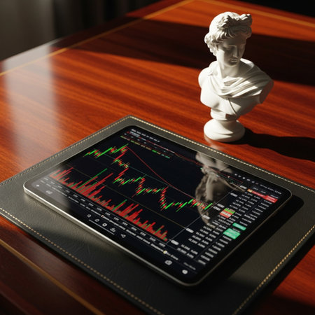 Tablet with stock market chart on the table, 3d renderの素材