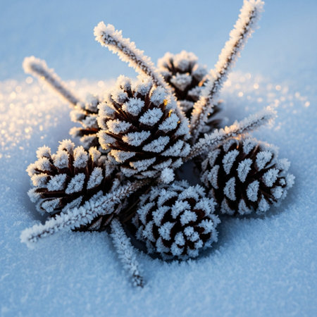 Frosted pine cones on the snow in the winter forest.の素材