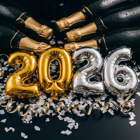 New Year 2016 celebration with champagne bottle and golden foil balloons on black backgroundの素材