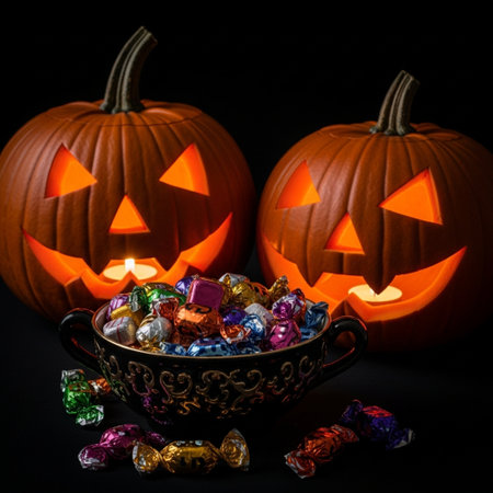 Halloween candies and pumpkin jack-o-lantern on black backgroundの素材