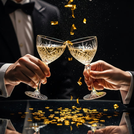 cropped shot of man and woman clinking glasses with champagne on black backgroundの素材