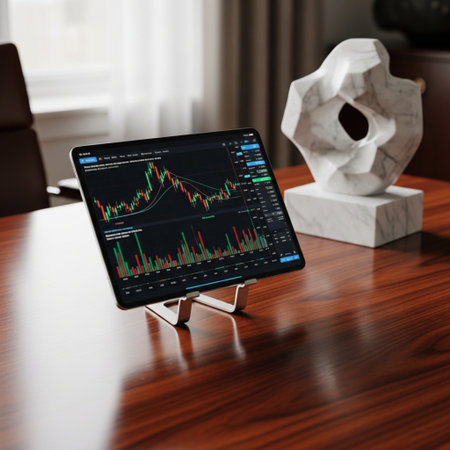 Tablet with stock market data on the screen. 3d rendering.の素材