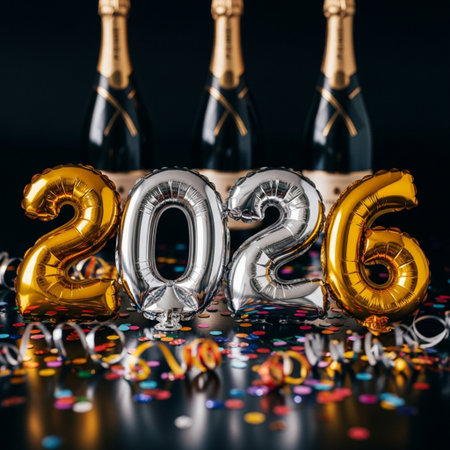 New Year 2016 with champagne bottle and confetti on a black backgroundの素材