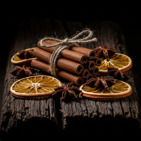 Cinnamon sticks, anise and dried orange slices on wooden backgroundの素材