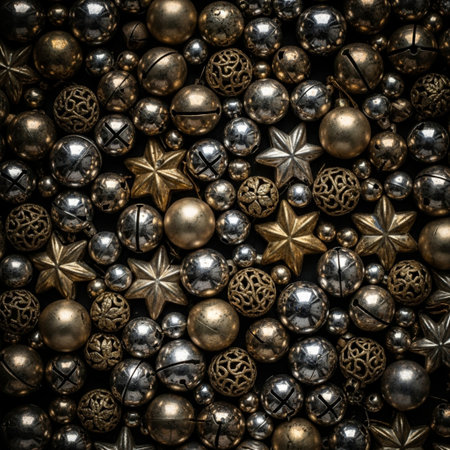 Background of gold and silver decorative beads. Selective focus. Toned.の素材