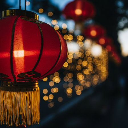 Red Chinese lanterns with blurred background and bokeh light.の素材