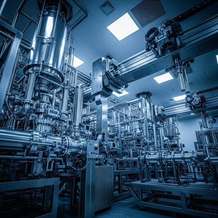 Automatic filling machine pours water into plastic PET bottles at a power plantの素材