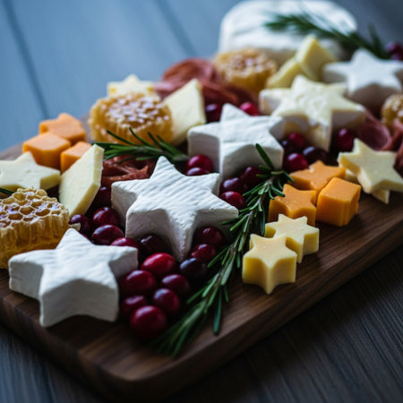 Assorted cheese with cranberries and rosemary on a wooden boardの素材