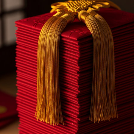 Chinese New Year decoration with red envelopes and gold ribbons.の素材