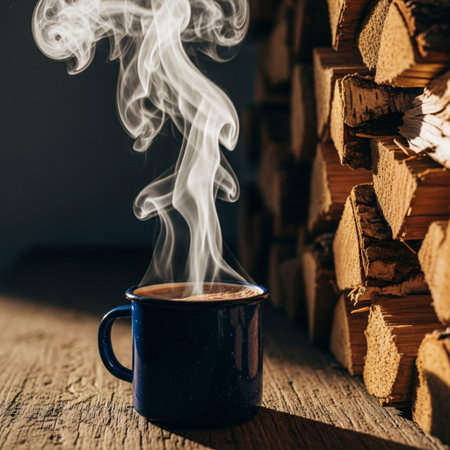 Cup of coffee on the background of a stack of firewoodの素材