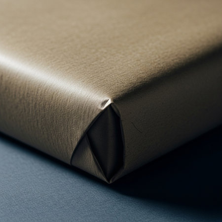 Gift box wrapped in brown paper with a black ribbon on a blue backgroundの素材