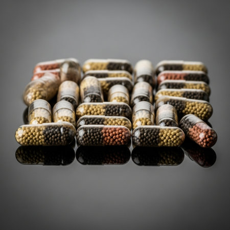 Pills in a row on a black background. Studio shot.の素材