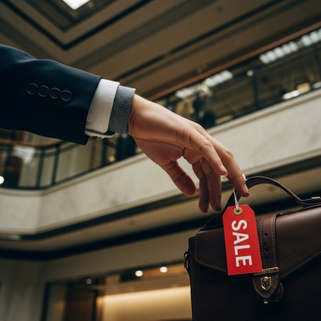 cropped view of businessman holding sale tag in hand in shopping mallの素材