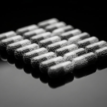 Close up of black and white pills on black background. Focus on foreground.の素材