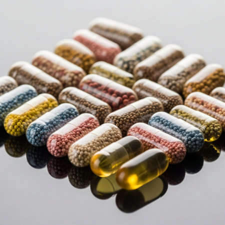 Closeup of colorful pills on black reflective surface. Focus on foreground.の素材