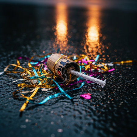 Colorful confetti on a dark background with a vintage bottle of wineの素材