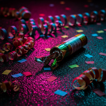 Celebration concept. Colorful confetti and streamers on black background.の素材