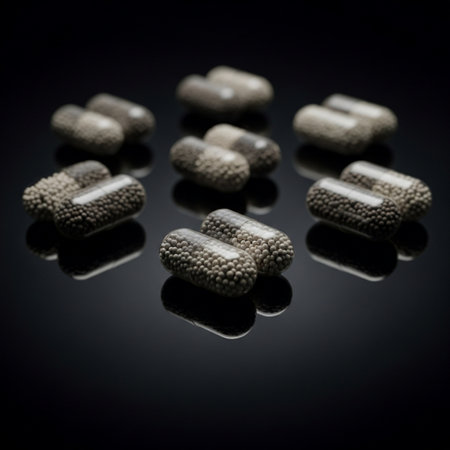 Capsules of medicine on a black background. Black and white photo.の素材