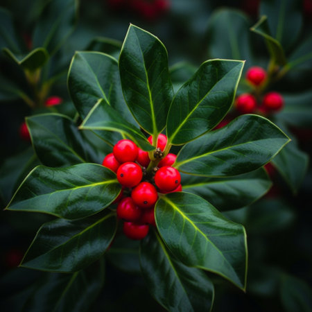 Holly leaves with red berries, close-up, selective focusの素材