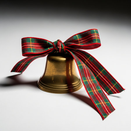 Christmas bell with a red bow on a white background, close-upの素材