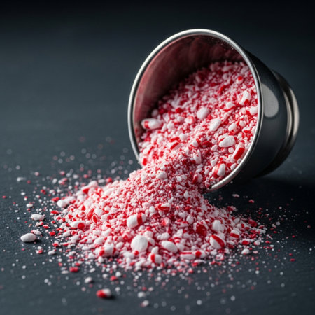 Red and white sugar powder in a metal bucket on a black backgroundの素材