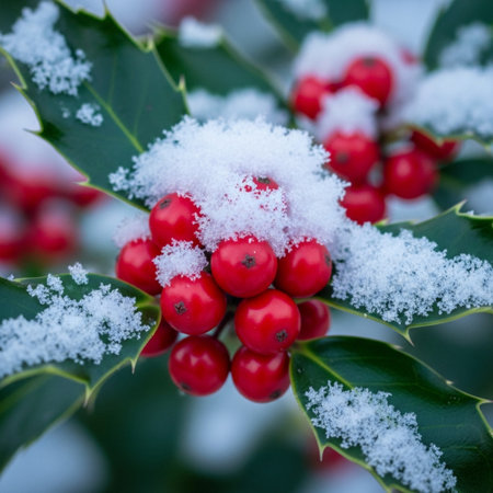 Holly berries covered with snow. Christmas and New Year background.の素材