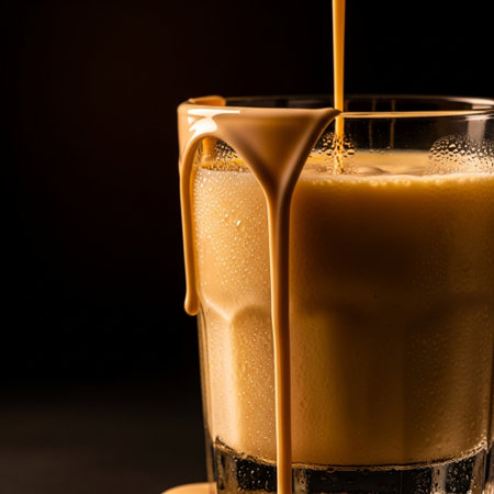 Pouring milk into a glass of coffee on a black background.の素材