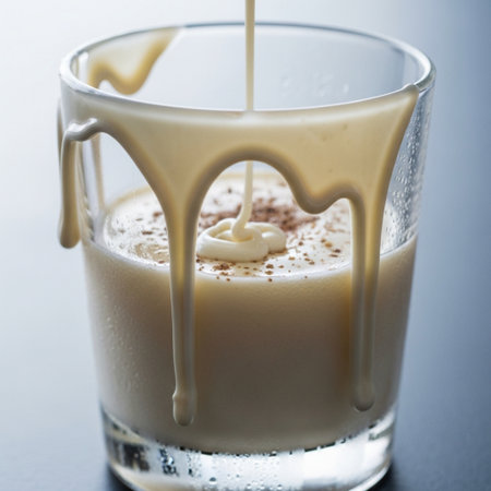 Pouring milk into a glass of eggnog cocktail, close upの素材